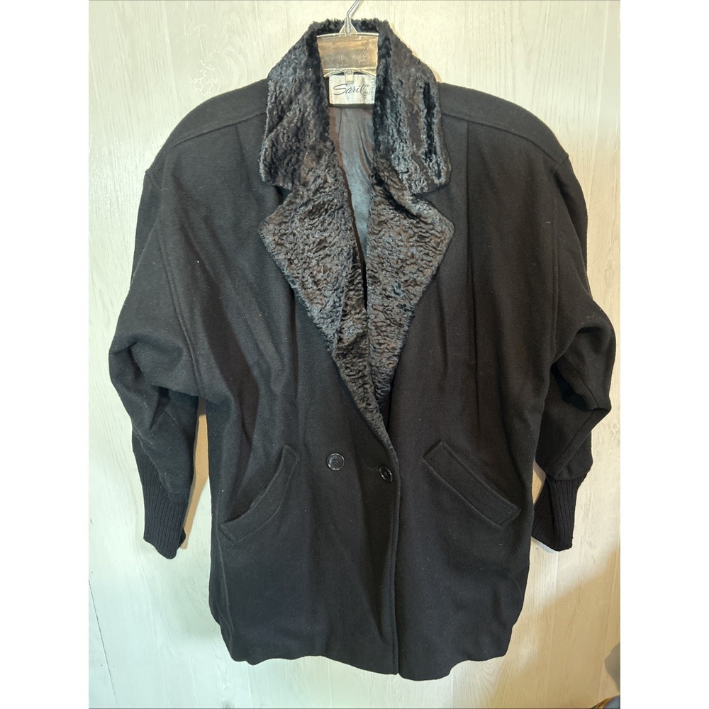 saril Vintageβ Sz12 Black Textured Fur Lapel Wool Coat